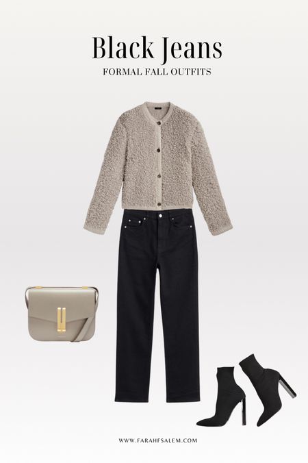Black jeans formal fall outfit 🍂 
Cardigan, Demellier Bag, Heeled boots