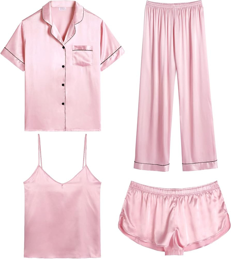 SWOMOG Womens Silk Satin Pajamas Sets 4pcs Sleepwear Sexy Cami Shorts Set and Button Down Short S... | Amazon (US)