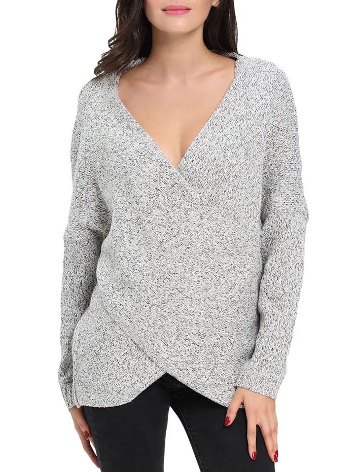 Chunky Cross Wrap Plunging Neck Pullover Sweater | Rosegal US