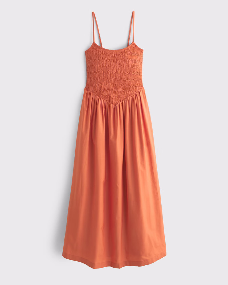Abercrombie & Fitch Women's Dipped-Waist Smocked Midi Dress in Orange - Size XS PETITE | Abercrombie & Fitch (US)