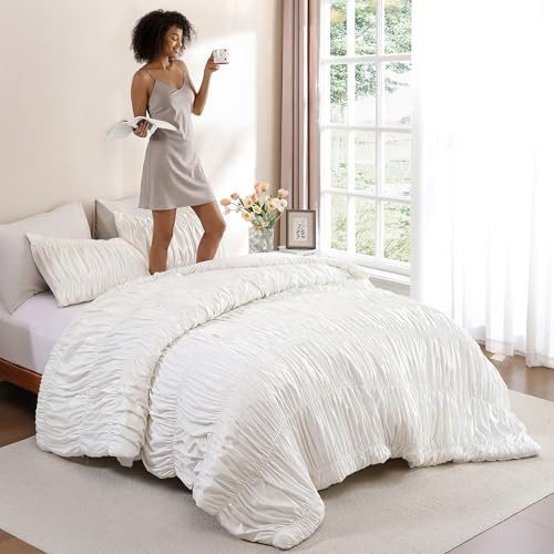 weigelia Cinched Comforter Set King - 3PCS Soft Cozy Cream White King Bedding Set with Decorative Ruched Design, Fluffy Lightweight All Season Cute Comforter for Elegant Home & Bedroom Decor | Amazon (US)