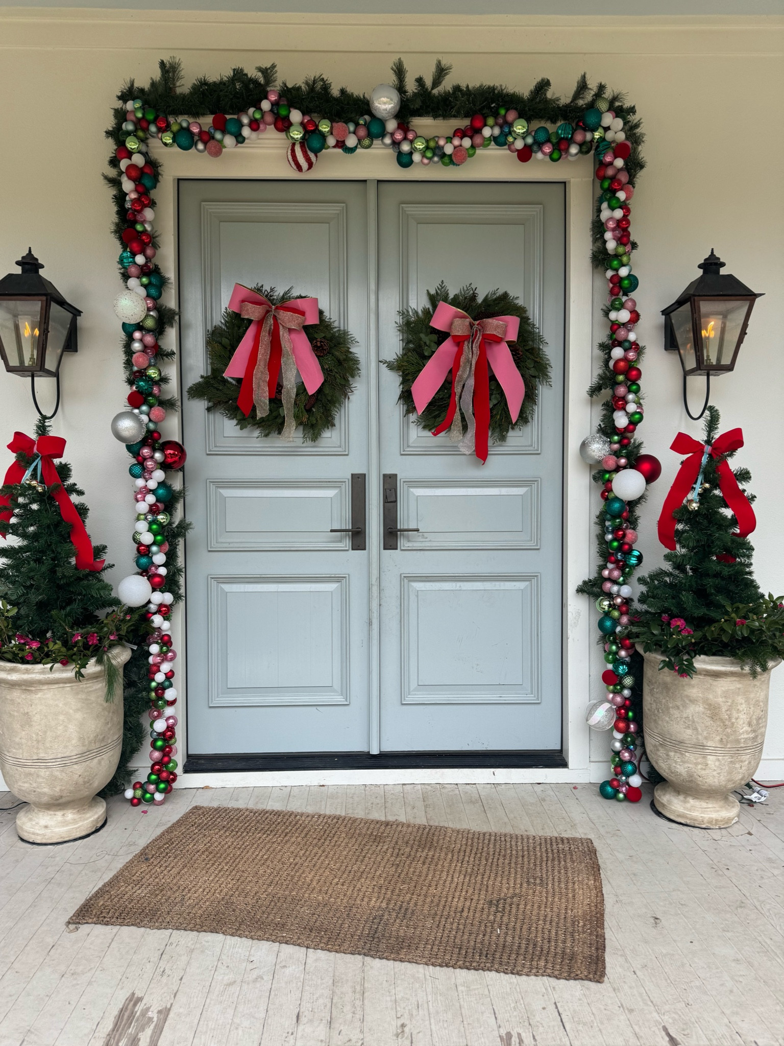 front door • diy ornament garland (see previous reels for this) colorful front door christmas on a budget! 

#LTKHome #LTKHoliday #LTKSeasonal