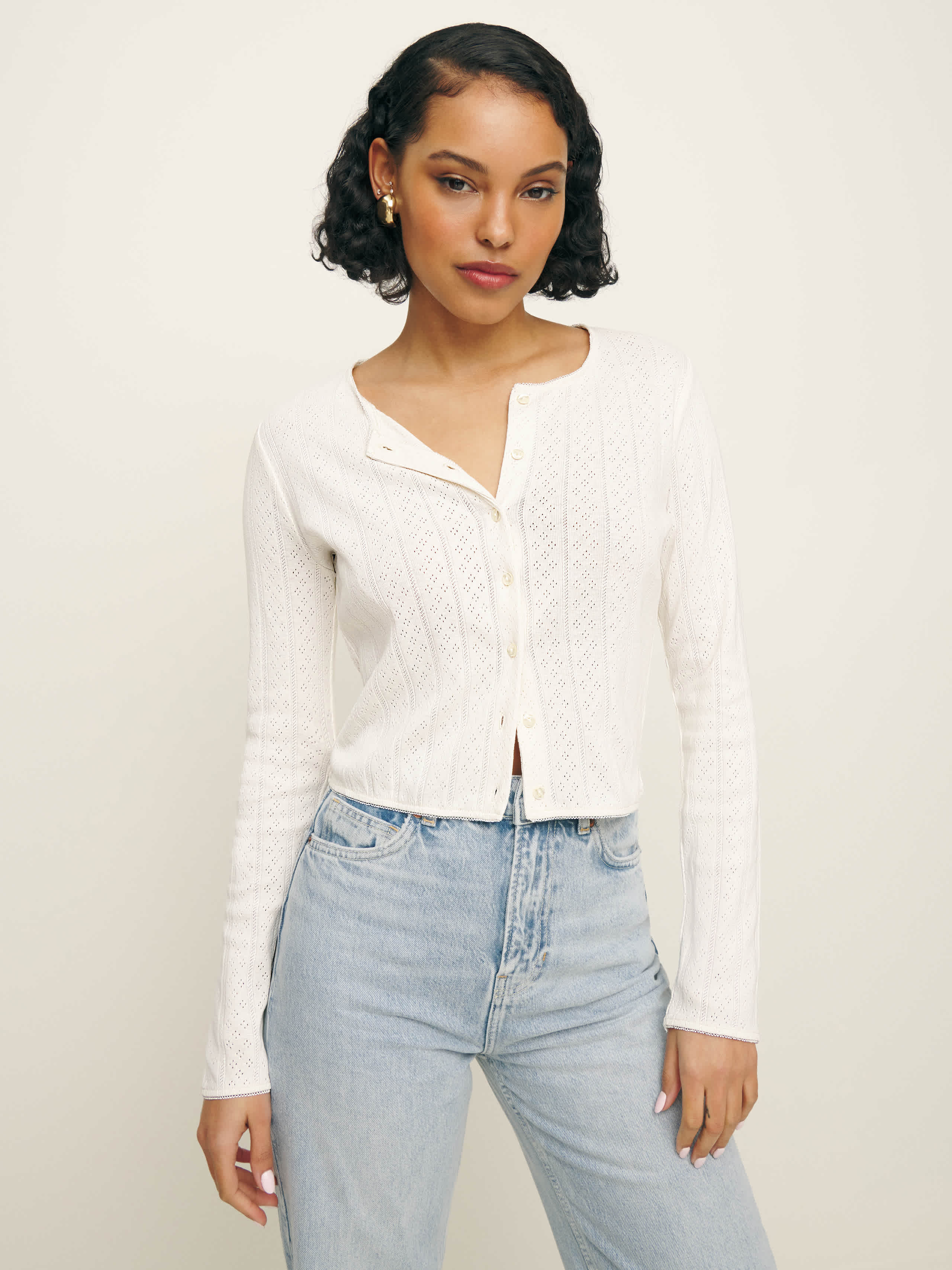 Reformation Ari Pointelle Knit Cardigan Ivory XS | Reformation (Global)