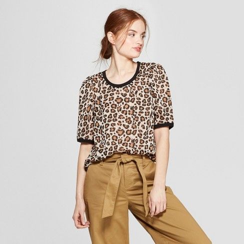 Women's Leopard Print Woven Short Sleeve T-Shirt - A New Day™ Tan | Target