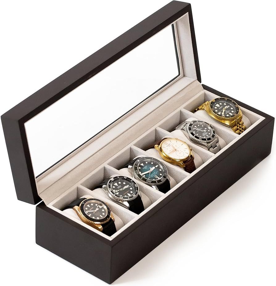 CASE ELEGANCE Solid Espresso Wood Watch Box Organizer with Glass Display Top | Amazon (US)