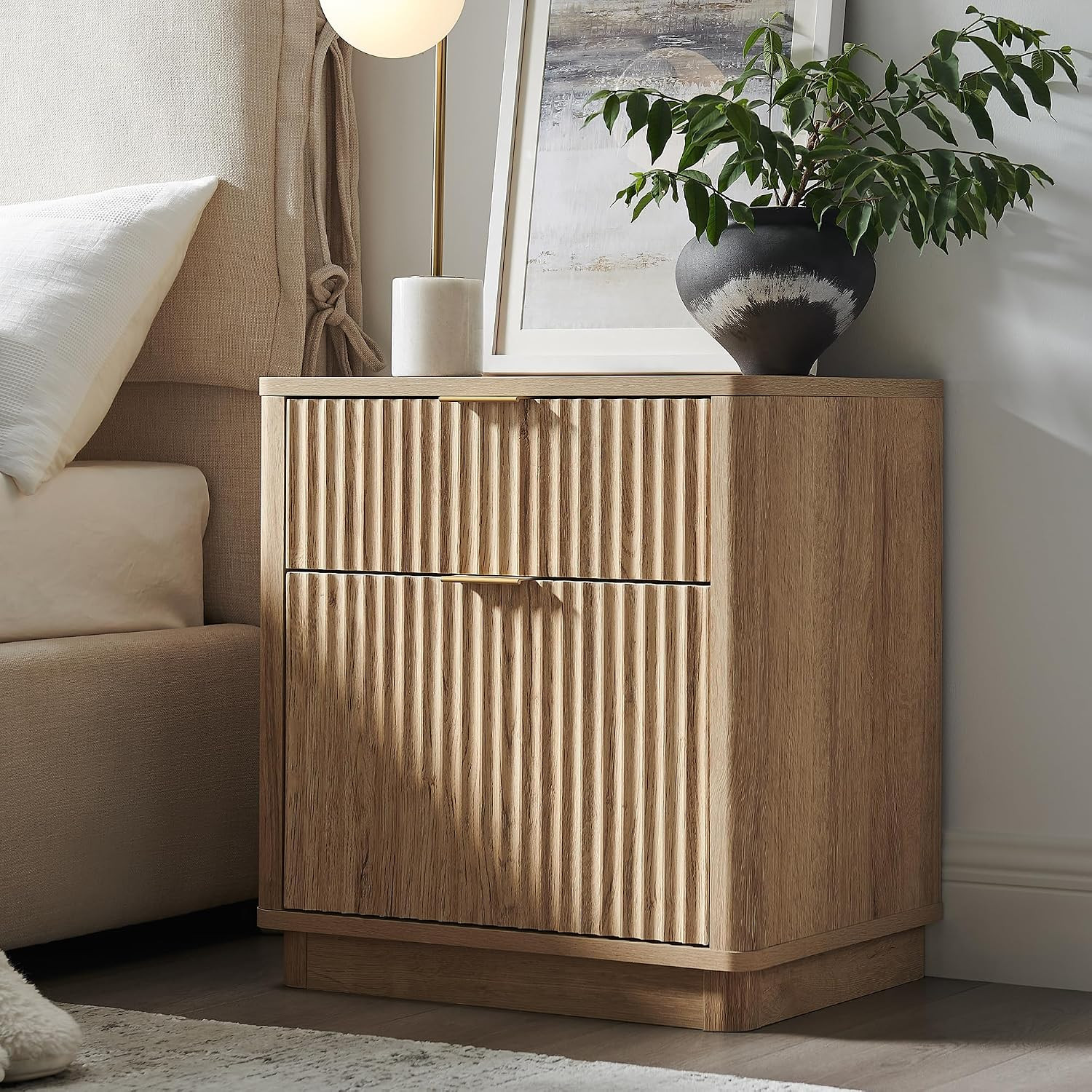 T4TREAM 23'' Fluted Nightstand Swith Charging Station, Large 2 Drawer Side Table, Modern End Table with Storage, Mid Century Bedside Table for Bedroom, Living Room, Curved Profile, Natural Oak | Amazon (US)