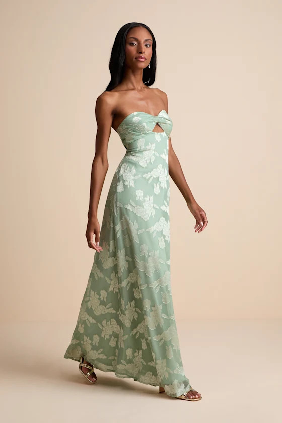 Danae Sage Green Floral Jacquard Strapless Maxi Dress | Lulus