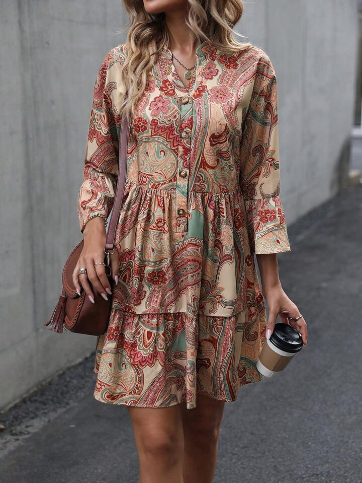 Paisley Print Flounce Sleeve Ruffle Hem Smock Dress | SHEIN
