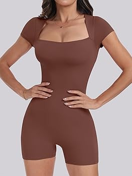 ANRABESS Women's Rompers Sexy Short Sleeve Square Neck Unitard Stretchy Workout Yoga Short Jumpsu... | Amazon (US)