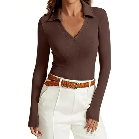 NAMTYQX Long Sleeve Tops for Woman Slimming Solid Color V neck notch lapel Womens Undershirts Long Sleeve Tops for Woman Brown Size L | Walmart (US)