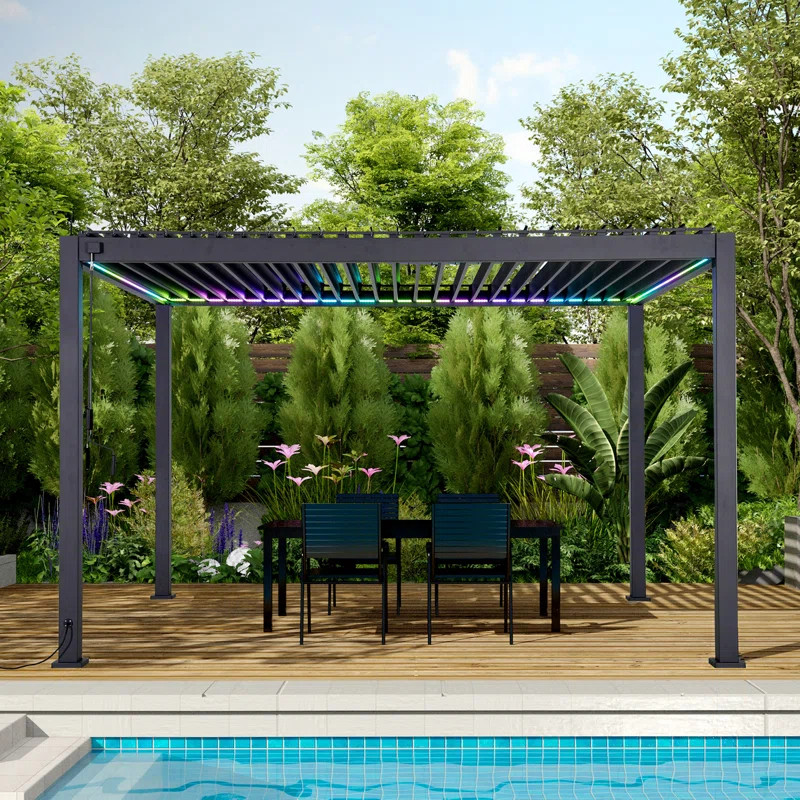 111s LED 10 Ft. W X 13 Ft. D Aluminum Pergola With Louver Roof and LED Light | Wayfair North America