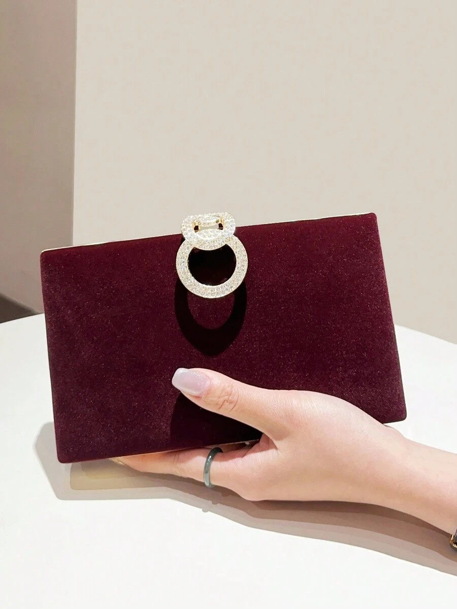 A Wine Red Evening Bag With Diamante And Metal Lock, Featuring A Delicate And Elegant Square Shap... | SHEIN
