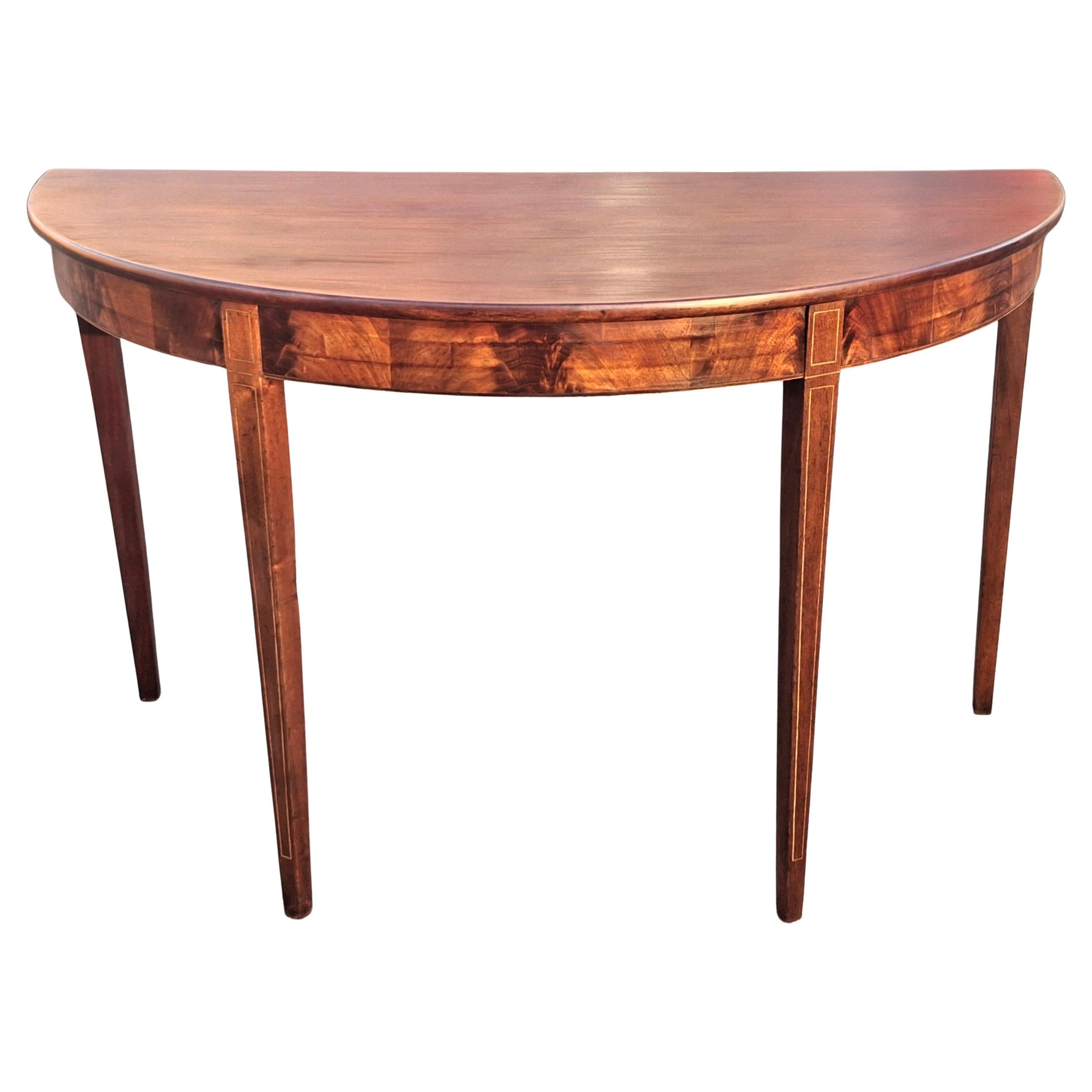 19th Century George III Crotched Mahogany and Satinwood Inlaid Demi-Lune Table | 1stDibs