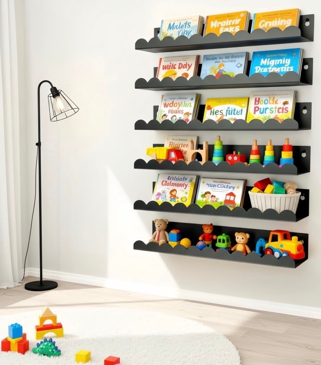 Walmart 6-Piece Black Metal Floating Shelves, 16" Modern Wall  Nursery Bookshelf Display Organizer for Living Room, Office, Bathroom, Bedroom, Kid's Playroom Wall Decor, furniture, home accessories, shelving, scallops

#LTKHome #LTKBaby