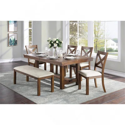 Brown Finish Dining Set 6Pcs Rectangular Table Bench Side Chairs Beige Upholstered Seat Transitional Kitchen Dining Furniture | Wayfair North America