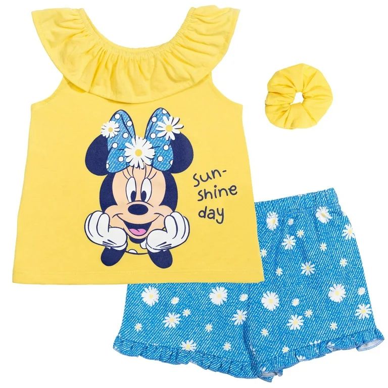 Disney Minnie Mouse Little Girls Tank Top French Terry Shorts and Scrunchie 3 Piece Outfit Set Ye... | Walmart (US)
