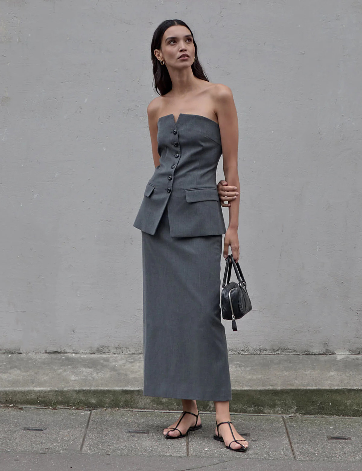 Grey Melange Button Strapless Top | Pixie Market