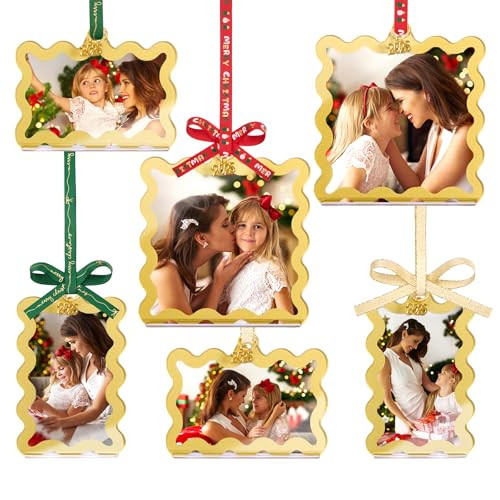 UNIQOOO 6Pcs Gold Wave Christmas Acrylic Picture Frame Ornaments, 3 Sizes for Vintage Xmas Tree Decor, Festive Hanging Decoration, Double-Sided Photo Frames for Holiday, Home, Party | Amazon (US)
