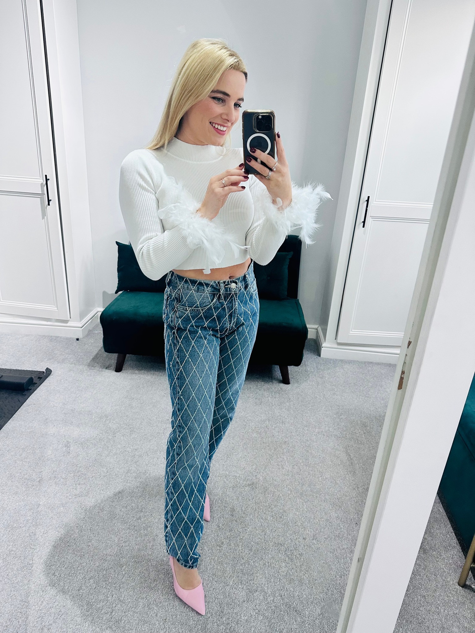 Feather top, rhinestone jeans, fancy jeans, Pink heels, jeans and a nice top,  Christmas party outfit, party outfit idea, rhinestones, party top, white top 

#LTKstyletip #LTKeurope #LTKSeasonal