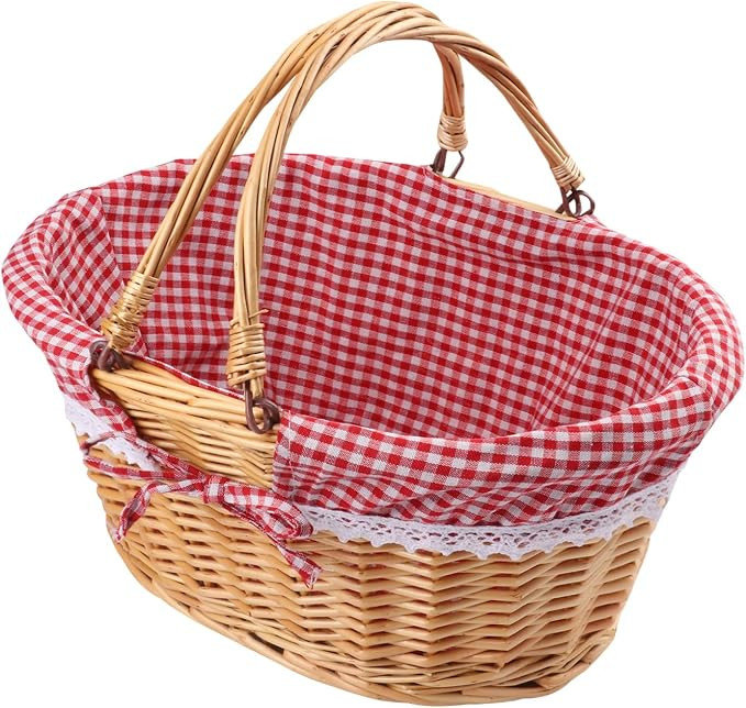 GNIEMCKIN 1 Pack 14 Inch Wicker Basket with Handle, Wicker Picnic Baskets with Checkered Liner, O... | Amazon (US)