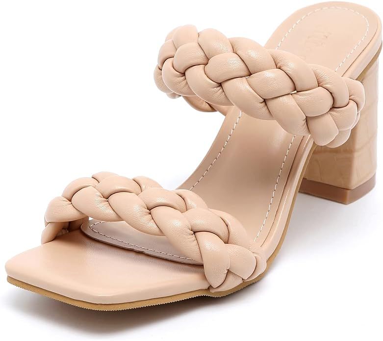 Women Braided Heeled Sandals Backless Square Open Toe Block Slip On Strappy Slide Shoes | Amazon (US)