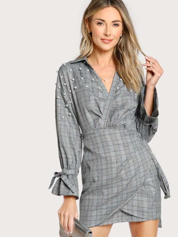 SHEIN Pearl Detail Bell Cuff Plaid Wrap Dress | SHEIN