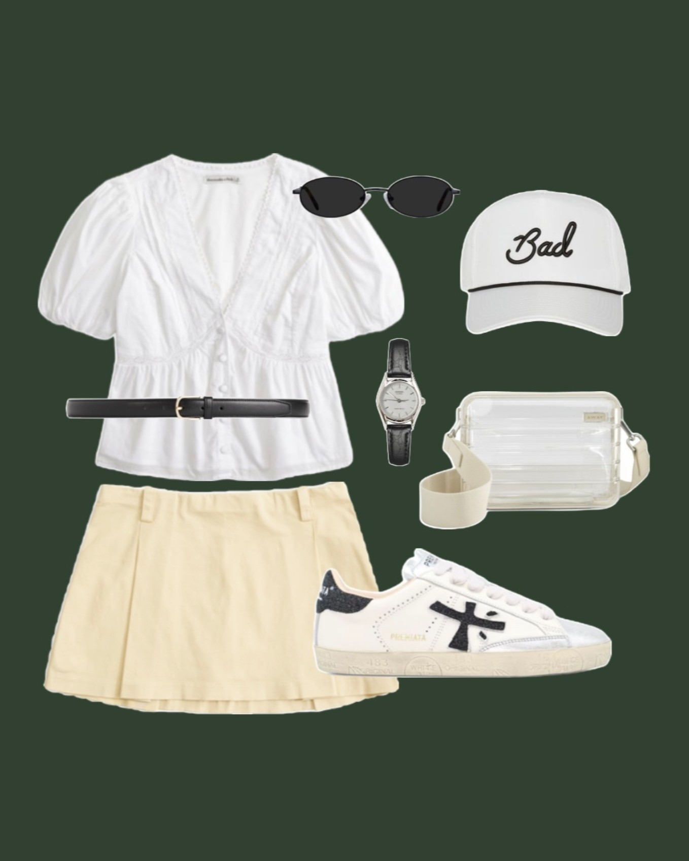 Waste management outfit! White puff sleeve top, butter yellow mini skirt on sale, white sneaker outfit, game day bag, clear crossbody bag, golf hat, casual cute and comfy 

#LTKActive #LTKSaleAlert
