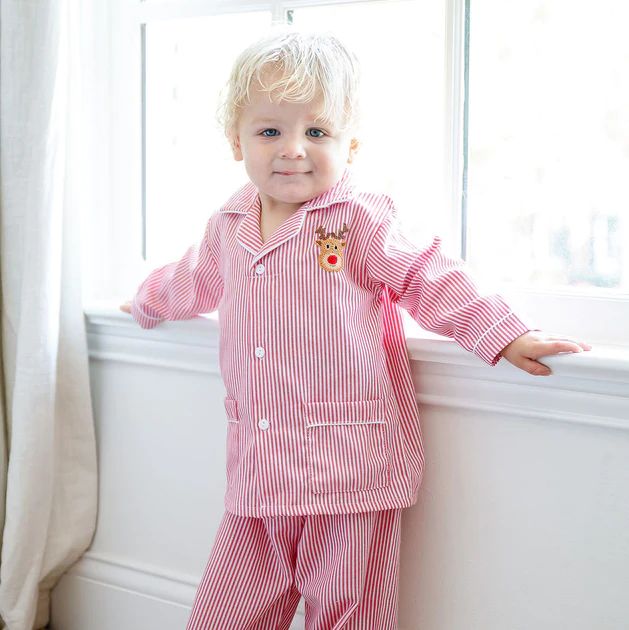 Rudolph Embroidered Red Stripe Pajamas | Classic Whimsy