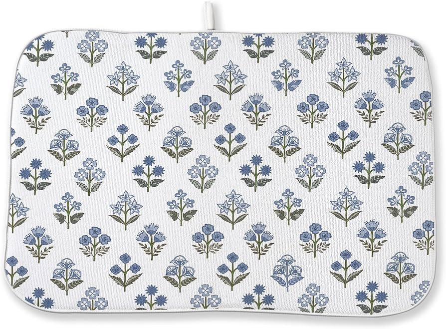 Blue Green Dish Drying Mat 18x24 Inch Vintage Block Print Floral Drying Mat Spring Summer Flower ... | Amazon (US)