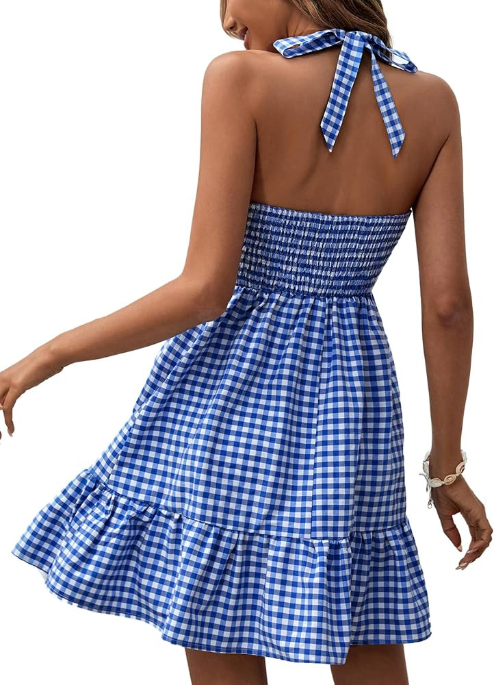 Floerns Women's Gingham Print Sleeveless Cut Out Halter Neck Ruffle Hem Dress | Amazon (US)