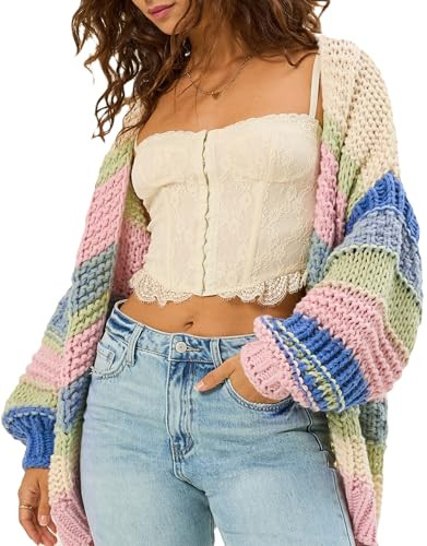 YEXPINE Women's Color Block Striped Cardigan Sweaters Chunky Knit Long Sleeve Open Front Outerwear Y2k Streetwear Outfit Multicolored | Amazon (US)