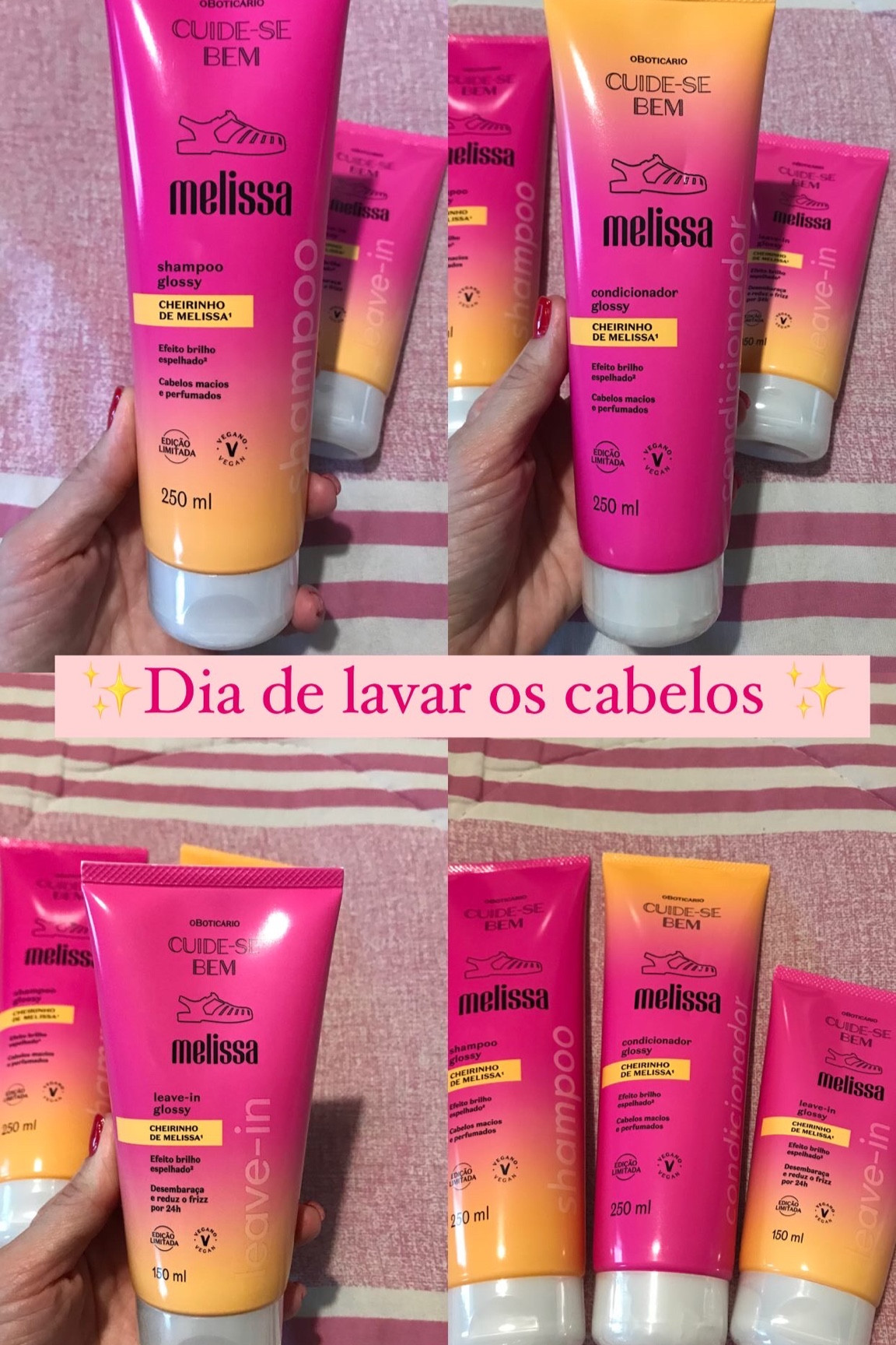 Dia de lavar os cabelos por aqui é uma alegria! Amo usar produtos de qualidade e o escolhido da vez foi essa collab de Boticário e Melissa.

A linha Cuide-se Bem Melissa entrega  limpeza e cuidados para todos os tipos de cabelos e com o *cheirinho icônico das sandálias mais estilosas do Brasil.

Shampoo Glossy Cuide-se Bem Melissa proporciona uma limpeza suave que não agride os fios e não deixa asperezas. Com textura cremosa e macia, deixa seus cabelos macios e perfumados com aquele cheirinho inspirado em Melissa que vai atrair olfatos aonde quer que você vá. Produto vegano, este shampoo deixa seus fios com efeito de brilho espelhado, um glow up de muita luz para melhorar os seus dias.

Condicionador Glossy Cuide-se Bem Melissa proporciona cabelos macios e mais fáceis de desembaraçar. O condicionador da linha deixa seus cabelos macios e perfumados com aquele cheirinho inspirado em Melissa que vai atrair olfatos aonde quer que você vá. Produto vegano, este condicionador hidrata seus fios sem deixá-los com uma sensação pesada, além de selar e uniformizar seus cabelos, trazendo um aspecto mais saudável.

O Leave-in Glossy Cuide-se Bem Melissa proporciona cabelos macios, mais fáceis de desembaraçar e com menos frizz. 
Sua fórmula é ideal para diminuir o frizz por até 24h e reduzir as pontas arrepiadas, deixando você mais confiante com o cabelo lindo como você quiser usá-lo. 


#LTKbrasil #LTKbeauty
