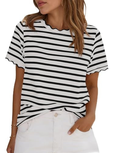 Tankaneo Womens Short Sleeve Striped Tshirts Summer Color Block Scalloped Tops Trendy Casual Basic Tee Shirts Black | Amazon (US)