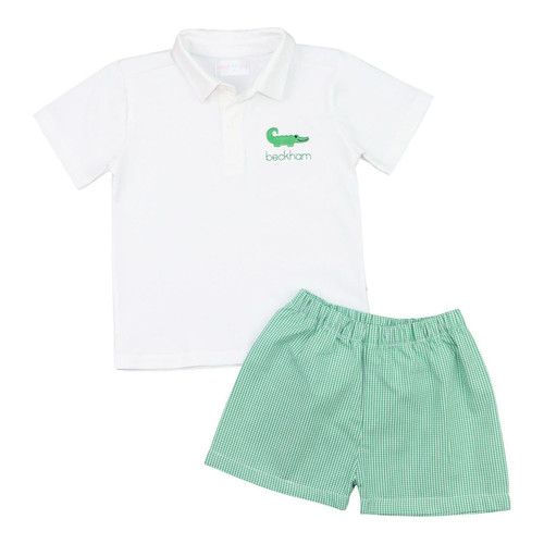 Green Gingham Embroidered Alligator Polo Short Set | Cecil and Lou