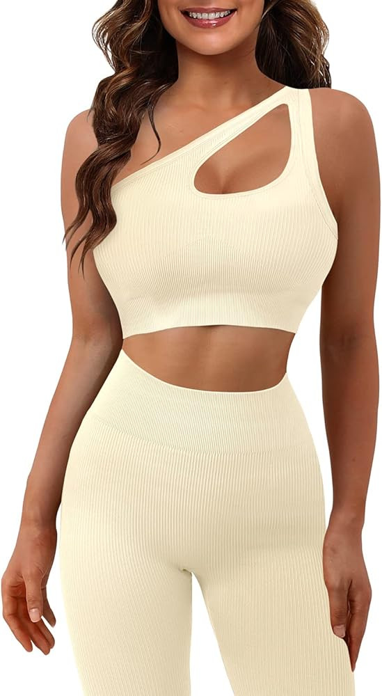 JZC Yoga Workout Outfits for Women 2 Piece Ribbed Seamless Sports Exercise Sets | Amazon (US)