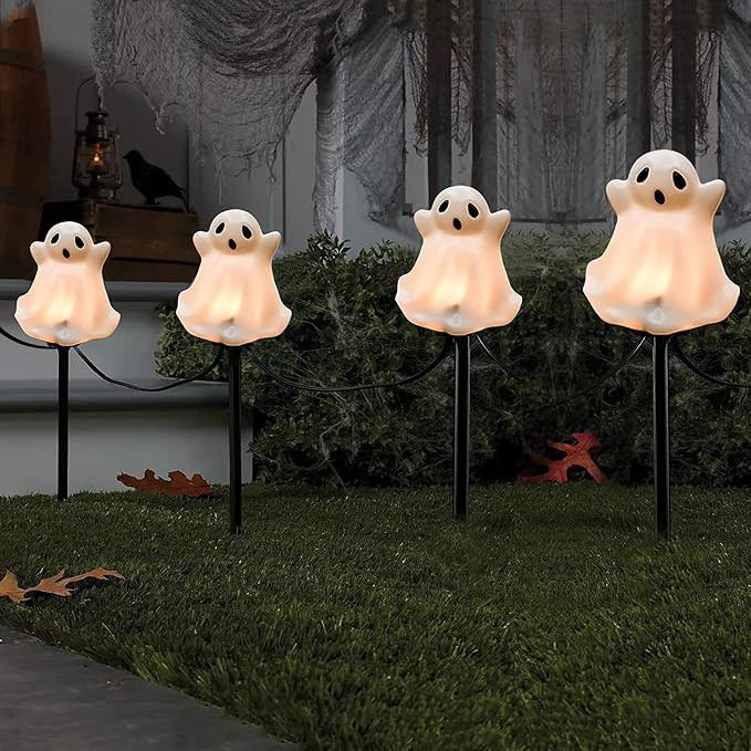 Halloween Ghosts Pathway Marker Lights, 4 White Ghosts with 4 Stakes, 7Ft Extendable Pathway Stri... | Amazon (US)