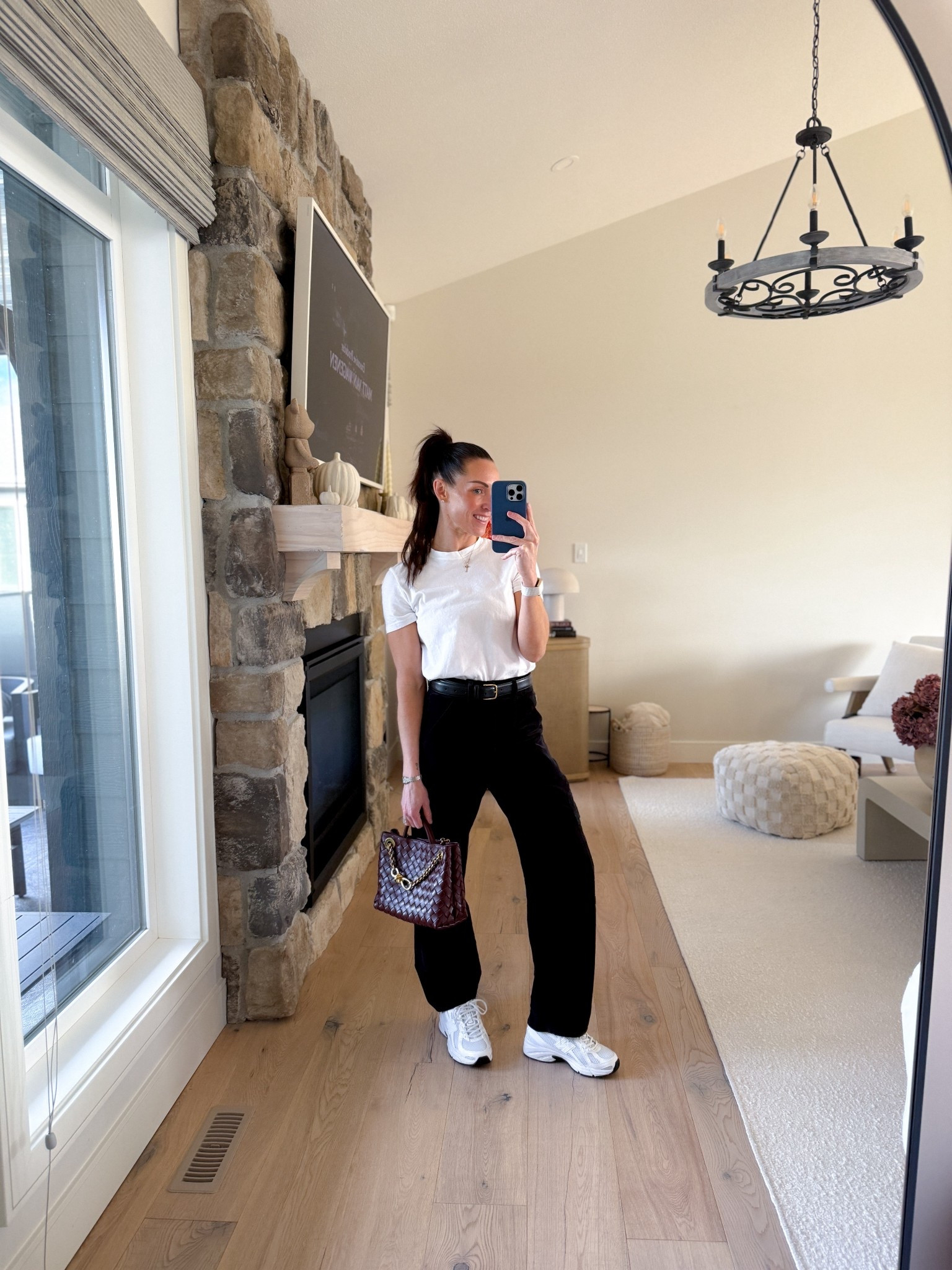 Casual early fall daytime outfit. I love these black corduroy pants so much. They’re soft and roomy and not rigid. 

Wearing a size small in the t-shirt and 23 in the pants

#LTKStyleTip #LTKShoeCrush