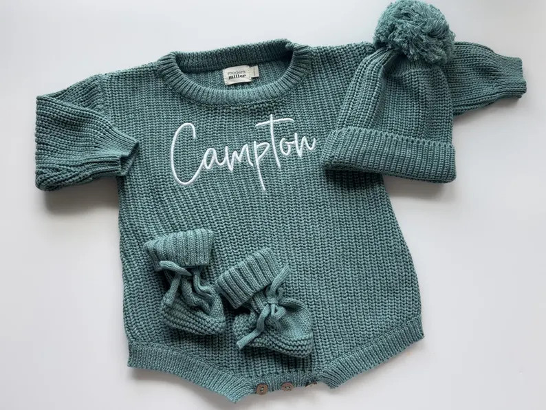 Personalized Embroidered Knit Romper – Teal Blue Oversized Sweater | Etsy (US)