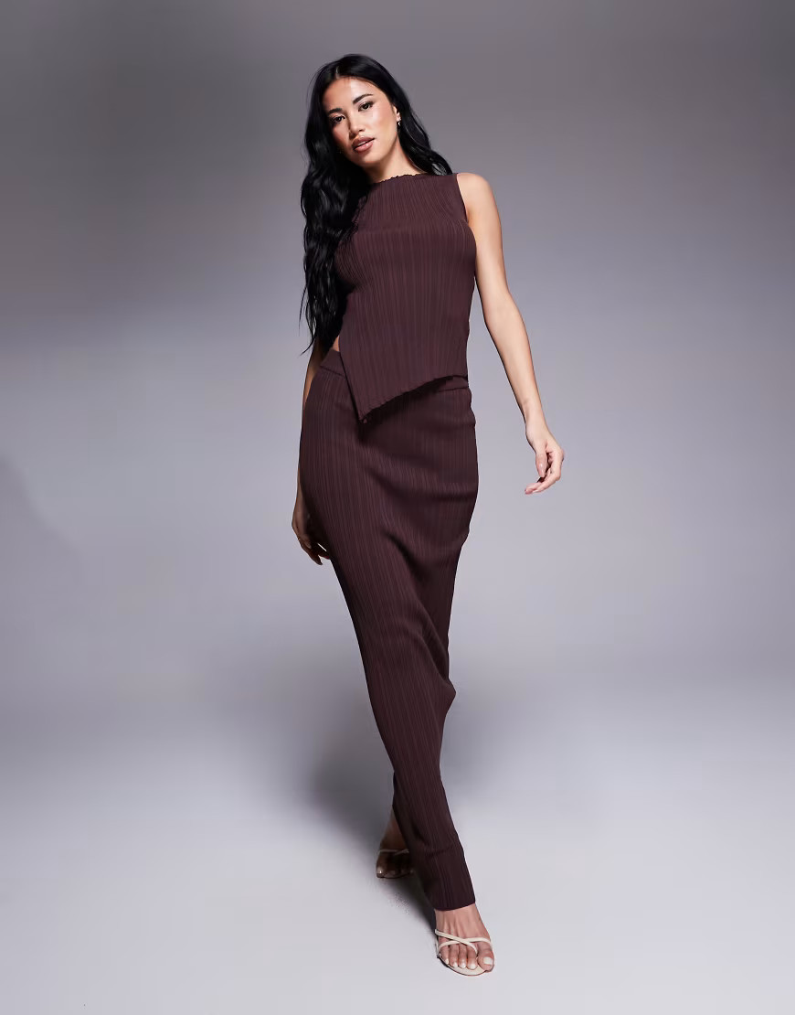 Princess Polly ribbed sleeveless asymmetric top and maxi skirt full set in chocolate-Brown | ASOS (Global)