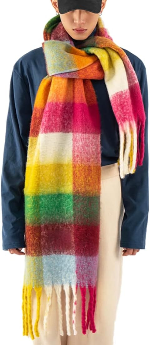 OUNIYA Large Chunky Plaid Scarf Checked Colorful Oversized Scarves Soft Big Cashmere Wool Thick W... | Amazon (US)