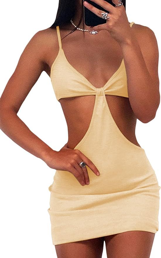Meladyan Women Sexy Cut Out V Neck Bodycon Mini Dress Solid Spaghetti Strap Backless Rib Knit Par... | Amazon (US)