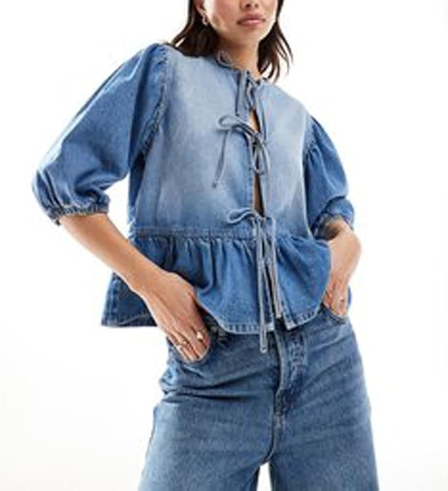 Women Y2k Denim Peplum Shirt Short Sleeve Tie Open Front Ruffle Hem Loose Blouse Dressy Summer Ba... | Amazon (US)