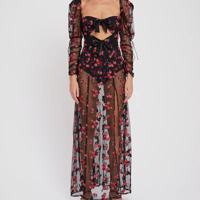 For Love & Lemons Blondie Embroidered Tulle Puff Sleeve Maxi Dress - Black - XS | Verishop