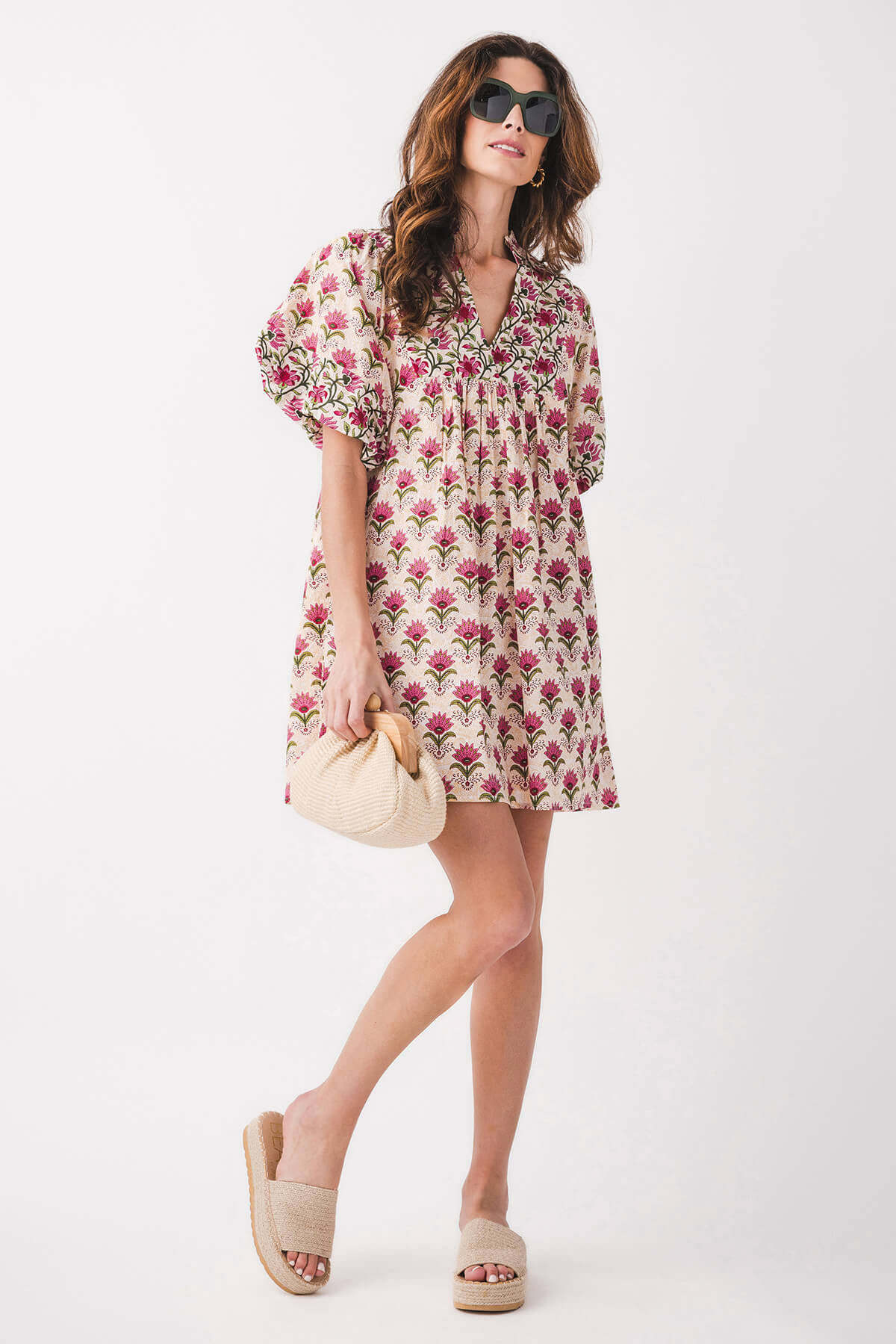 THML Genevieve Floral Print Puff Sleeve Splitneck Dress | Social Threads