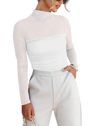 REORIA Women’s Fall Fashion Sexy Long Sleeve Mock Turtle Neck Sheer Mesh Slim Fit Ruched Night Out Leotard Bodysuits Tops White Plus Size XX-Large | Amazon (US)