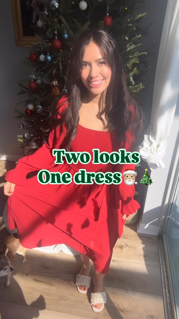 TWO ways to wear ONE dress! 🎅️👏 Which look do you love more? 🤔 everything linked🎄  #holidaydress #twoinone #fashionhacks #affordablefashion #fashionblogger #momblog #girlmom #holidayfashion 

#LTKmomlife #LTKHoliday #LTKPetite