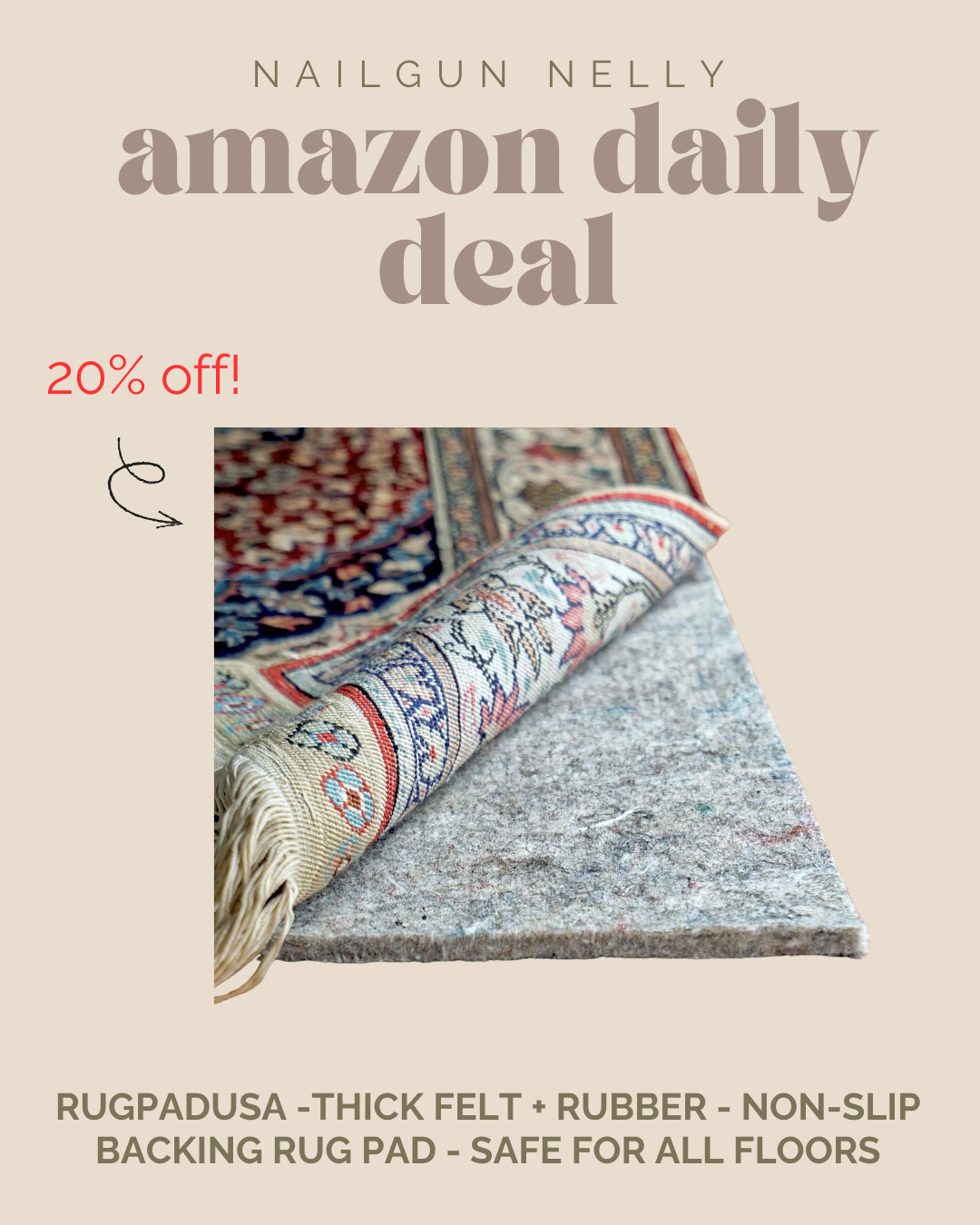 Amazon Daily Deal! - RUGPADUSA -Thick Felt + Rubber - Non-Slip Backing Rug Pad - Safe for All Floors
 

 #LTKOver40 #LTKHome #LTKSaleAlert