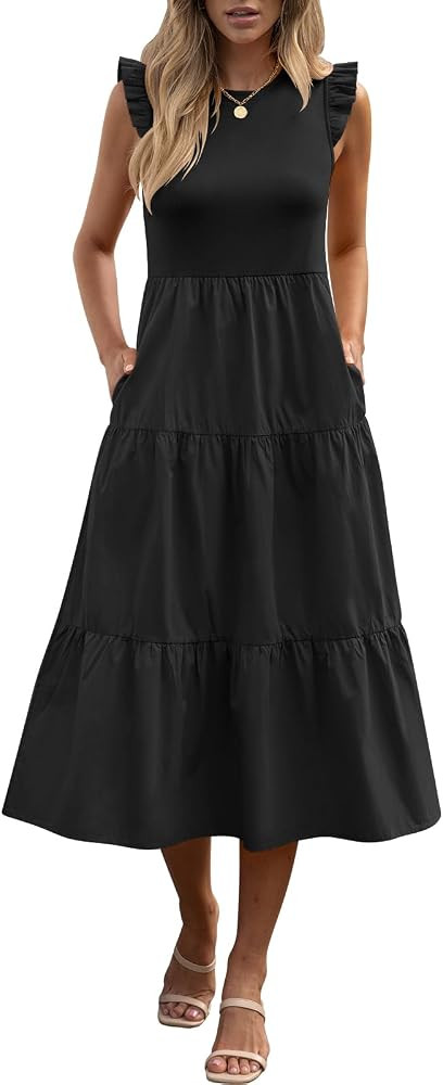 ANRABESS Women's Summer Casual Flutter Short Sleeve A-Line Flowy Tiered Beach Midi Dresses 2024 T... | Amazon (US)