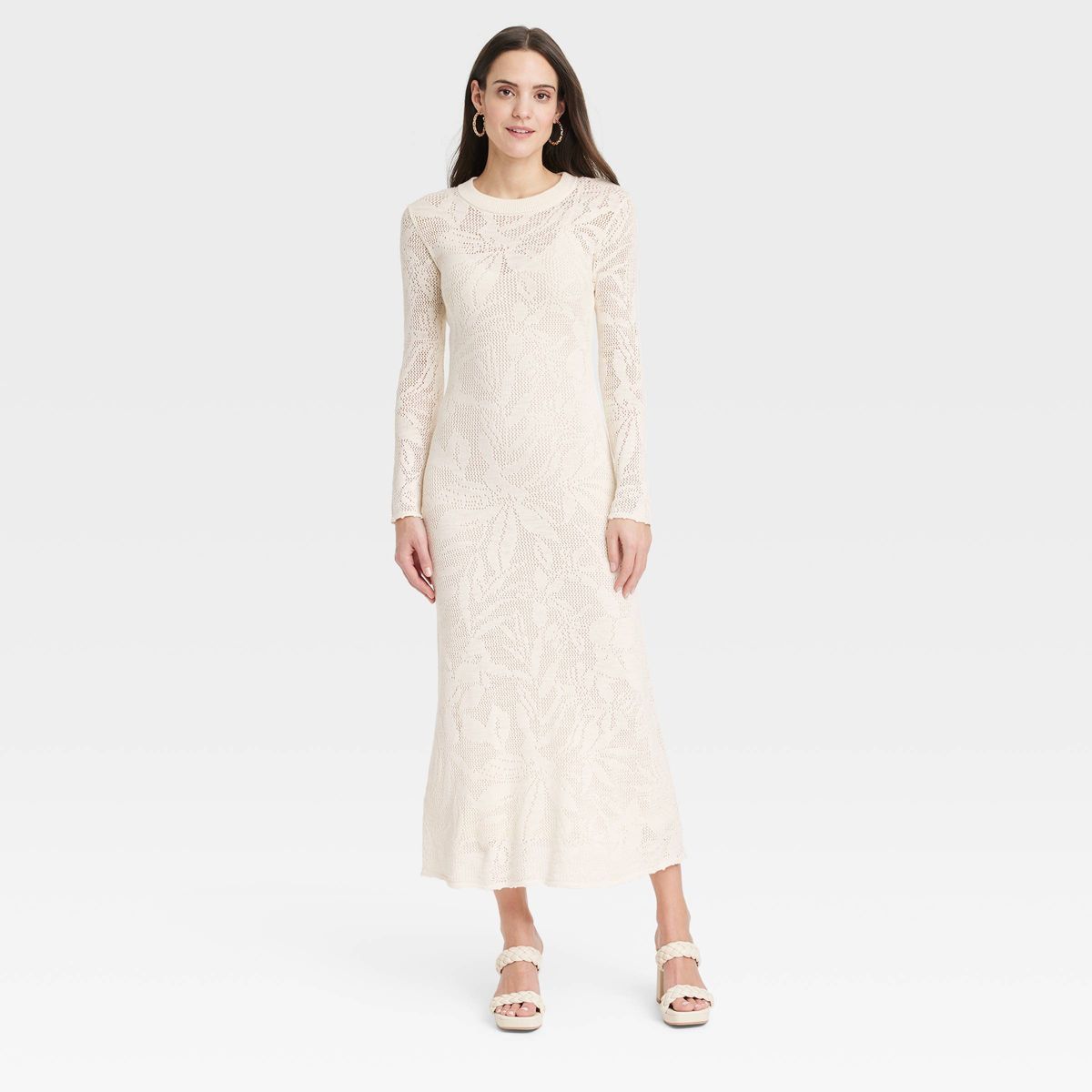 Women's Long Sleeve Maxi Pointelle Dress - A New Day™ Cream L | Target