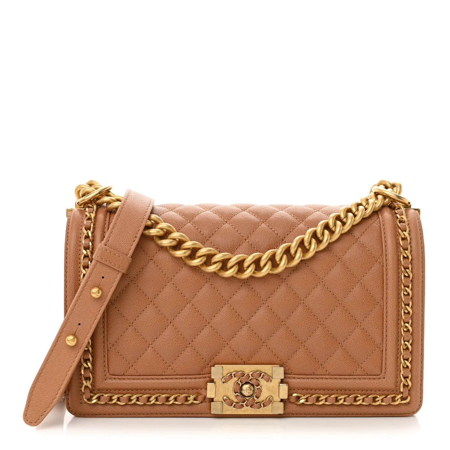 Caviar Quilted Chain Around Medium Boy Flap Beige | FASHIONPHILE (US)